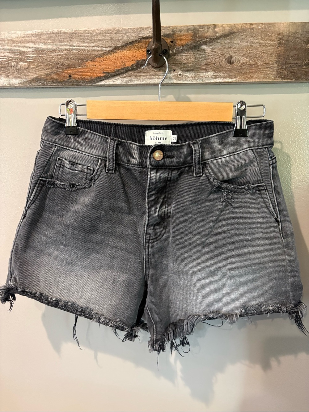 Bohme High-Rise Distressed Washed Black/ Gray Denim Cut Off Shorts